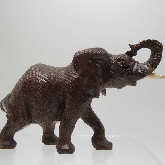 Vintage raised trunk resin elephant with tusks - brown textured faux wood - 3" - Picture 3 of 11